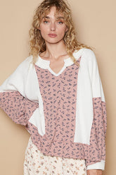 POL Waffle Knit Floral Notched Long Sleeve Top White OutfitFlow